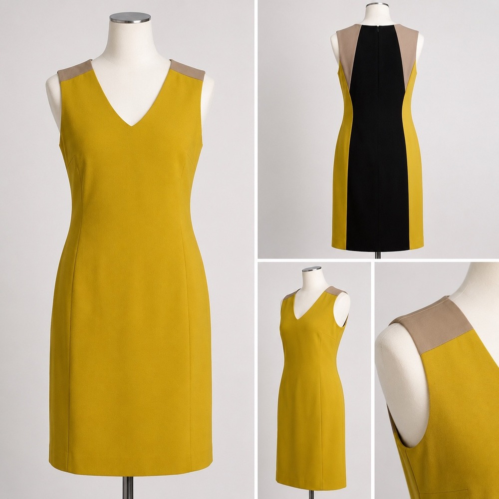 Colorblock Sheath Dress Mustard Yellow Black Tan V-Neck Size 8 Ann Taylor